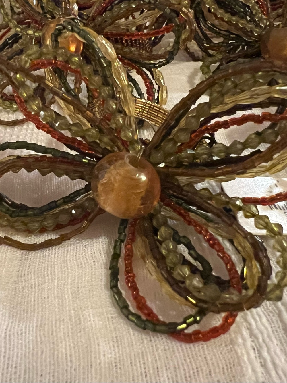 10 Pier 1 Beaded Floral Statement Napkin Rings Holders in Olive, Amber & Rust